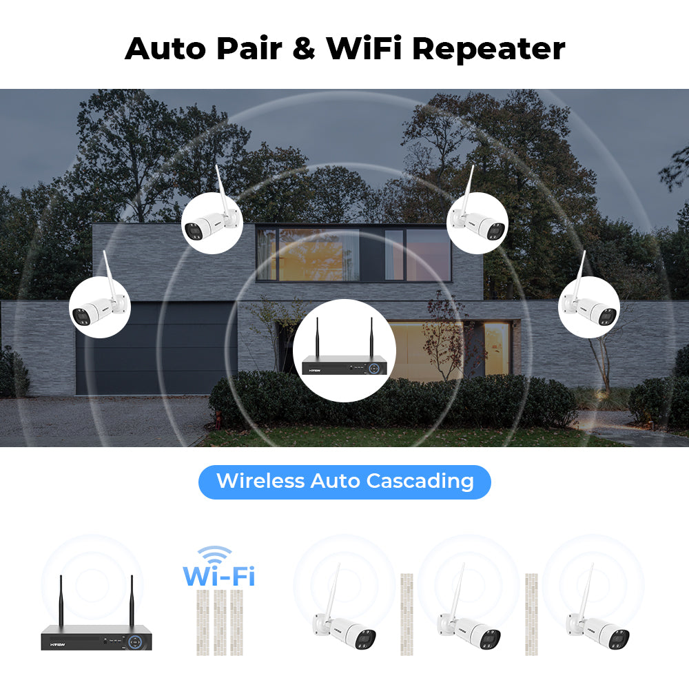 H.VIEW 8CH NVR 3MP Wireless Security Camera System 4 Outdoor IP Cameras Two-Way Audio AI Face Detection Color Night Vision IP66 WiFi Surveillance Kit(2TB HDD)