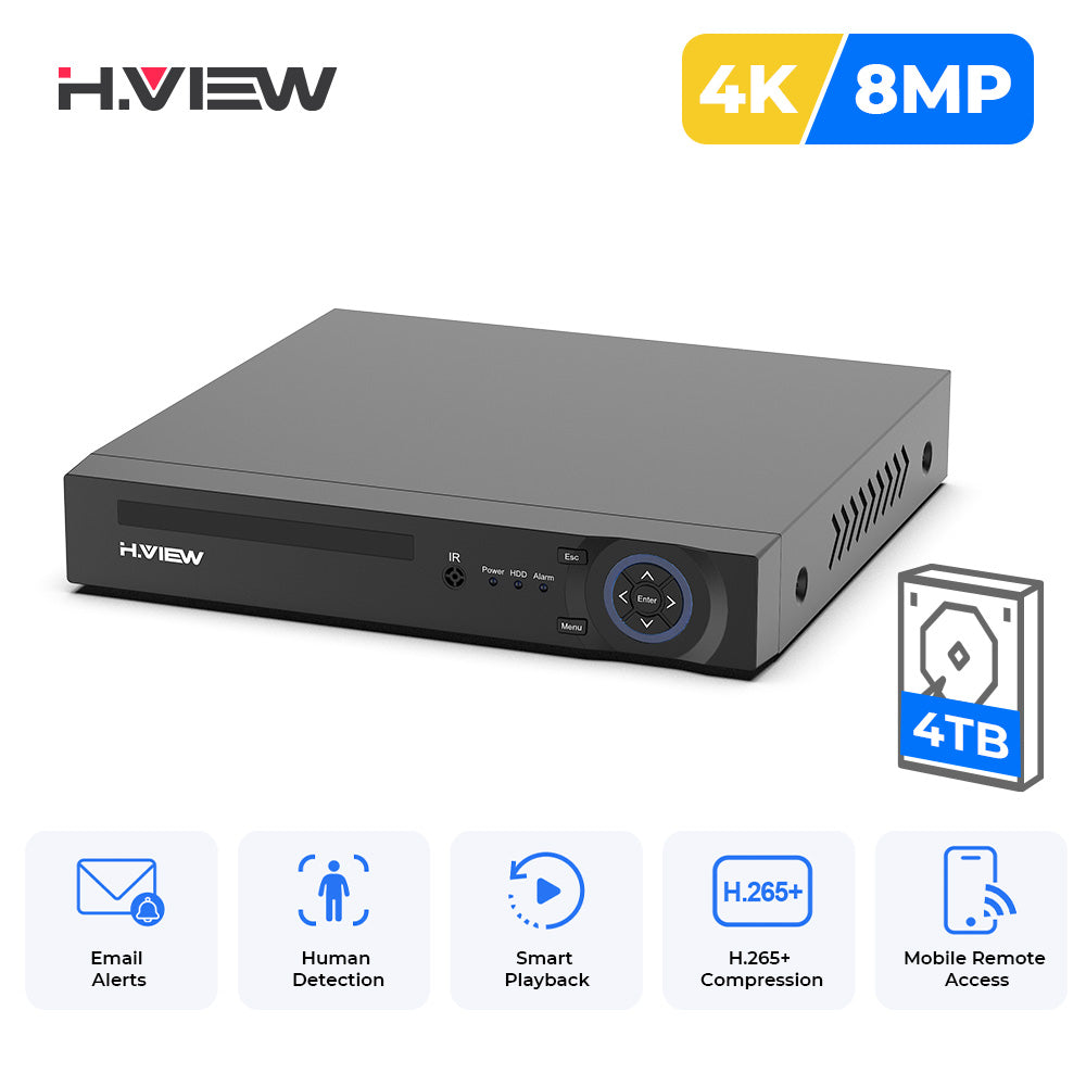 4K PoE NVR with 8-channel home security camera video recording; supports 8-megapixel, 5-megapixel, 4-megapixel, and 3-megapixel resolutions; 24/7 surveillance recording; H.265+ video encoding; remote access; smart playback (includes a 4TB hard drive)