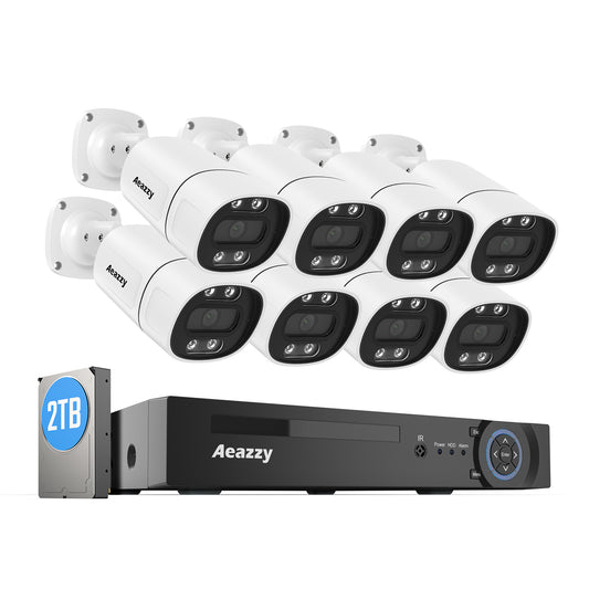 【500万画素・声光威嚇・双方向音声】AEAZZY 500万画素 防犯カメラセット 5MP POE給電カメラ 8ch H.265 4Kレコーダー 8台まで増設可（2TB HDD付き）監視カメラセット 2重灯付き 人体検出 投光威嚇 poeカメラ IP66防水防塵