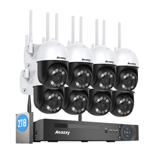 【顔検出・回転可能・双方向音声】AEAZZY 5MP 防犯カメラセット ワイヤレス 2.4GHz無線 wifi パンチルト 360°全方位監視 PTZカメラ 500万画素 声光威嚇 屋外監視カメラ 8ch H.265 4Kレコーダー 8台まで増設可（2TB HDD付き）