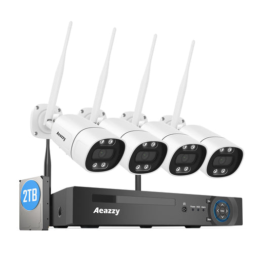 【顔検出・声光威嚇・双方向音声】AEAZZY 5MP 防犯カメラセット ワイヤレス 屋外 wifi  2.4GHz無線 500万画素 双方向通話 声光威嚇 屋外監視カメラ ワイヤレス 8ch H.265 4Kレコーダー 8台まで増設可（2TB HDD付き）