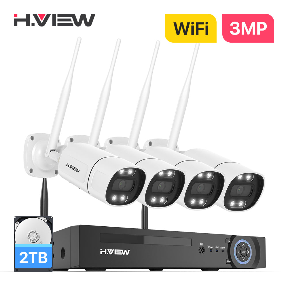 H.VIEW 8CH NVR 3MP Wireless Security Camera System 4 Outdoor IP Cameras Two-Way Audio AI Face Detection Color Night Vision IP66 WiFi Surveillance Kit(2TB HDD)