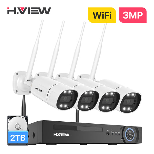 H.VIEW 8CH NVR 3MP Wireless Security Camera System 4 Outdoor IP Cameras Two-Way Audio AI Face Detection Color Night Vision IP66 WiFi Surveillance Kit(2TB HDD)