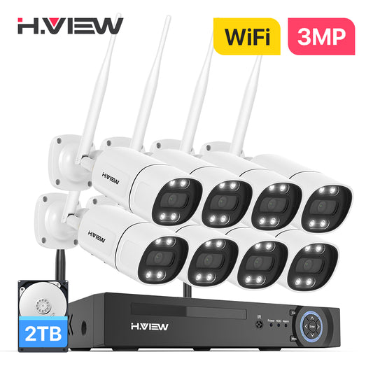 H.VIEW 8CH NVR 3MP Wireless Security Camera System 8 Outdoor IP Cameras Two-Way Audio AI Face Detection Color Night Vision IP66 WiFi Surveillance Kit(2TB HDD)