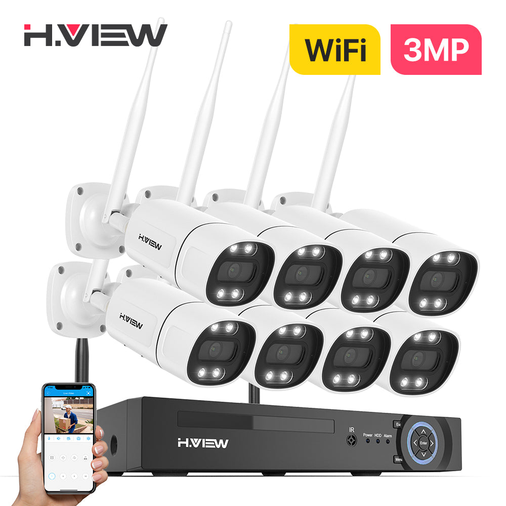 H.VIEW 8CH NVR 3MP Wireless Security Camera System 8 Outdoor IP Cameras Two-Way Audio AI Face Detection Color Night Vision IP66 WiFi Surveillance Kit(No HDD Included)