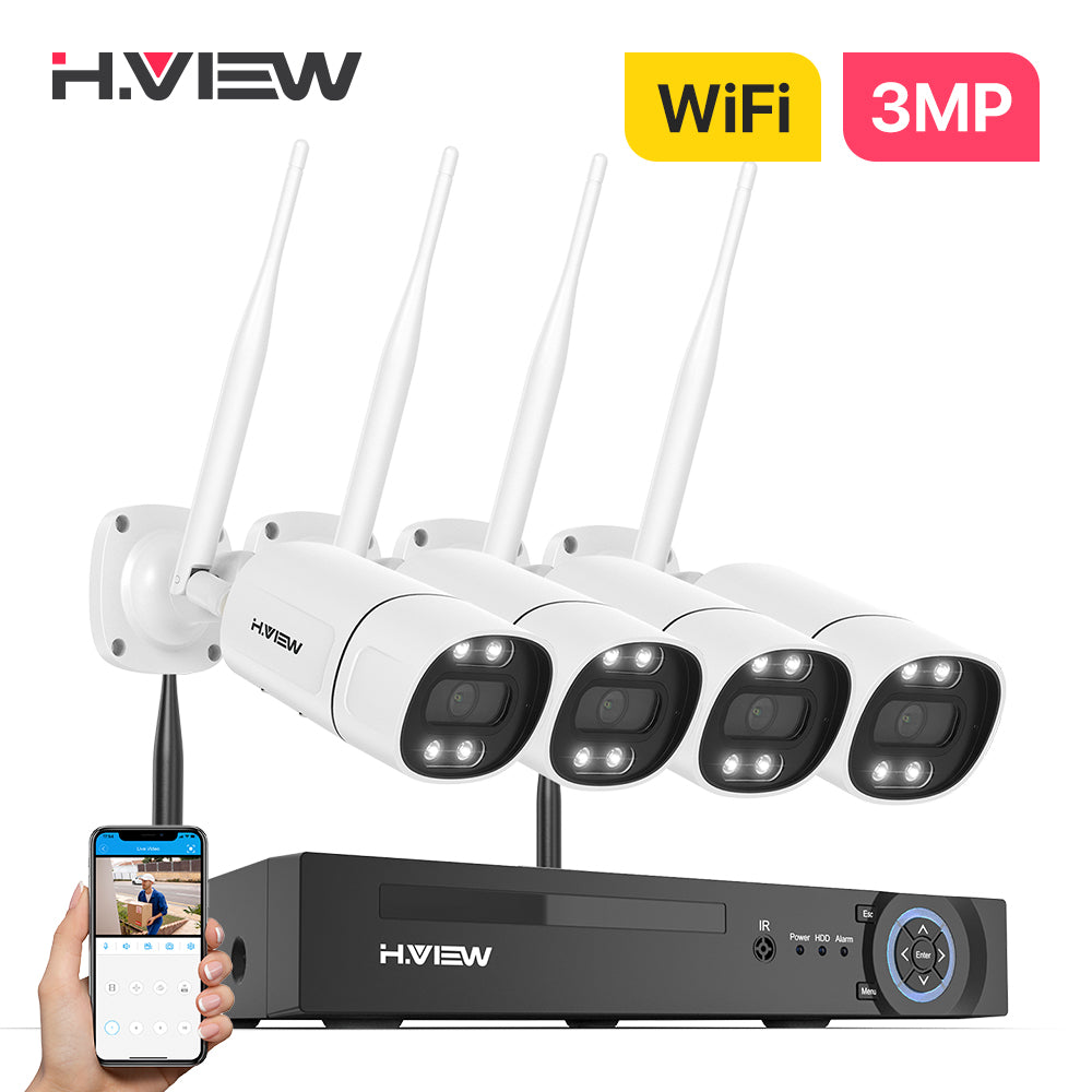 H.VIEW 8CH NVR 3MP Wireless Security Camera System 4 Outdoor IP Cameras Two-Way Audio AI Face Detection Color Night Vision IP66 WiFi Surveillance Kit(No HDD Included)
