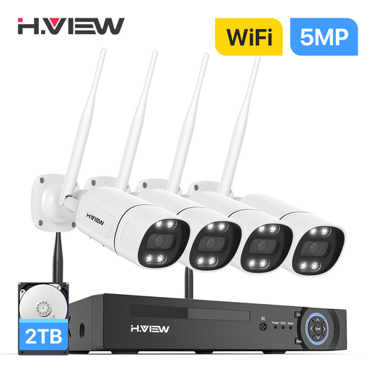 H.VIEW 8CH NVR 5MP Wireless Security Camera System 4 Outdoor IP Cameras Two-Way Audio AI Face Detection Color Night Vision IP66 WiFi Surveillance Kit(2TB HDD)