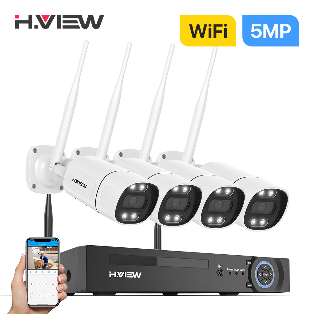 H.VIEW 8CH NVR 5MP Wireless Security Camera System 4 Outdoor IP Cameras Two-Way Audio AI Face Detection Color Night Vision IP66 WiFi Surveillance Kit(No HDD Included)