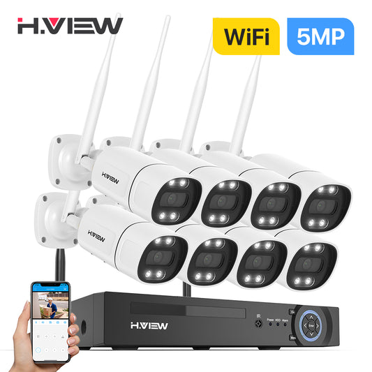 H.VIEW 8CH NVR 5MP Wireless Security Camera System 8 Outdoor IP Cameras Two-Way Audio AI Face Detection Color Night Vision IP66 WiFi Surveillance Kit(No HDD Included)