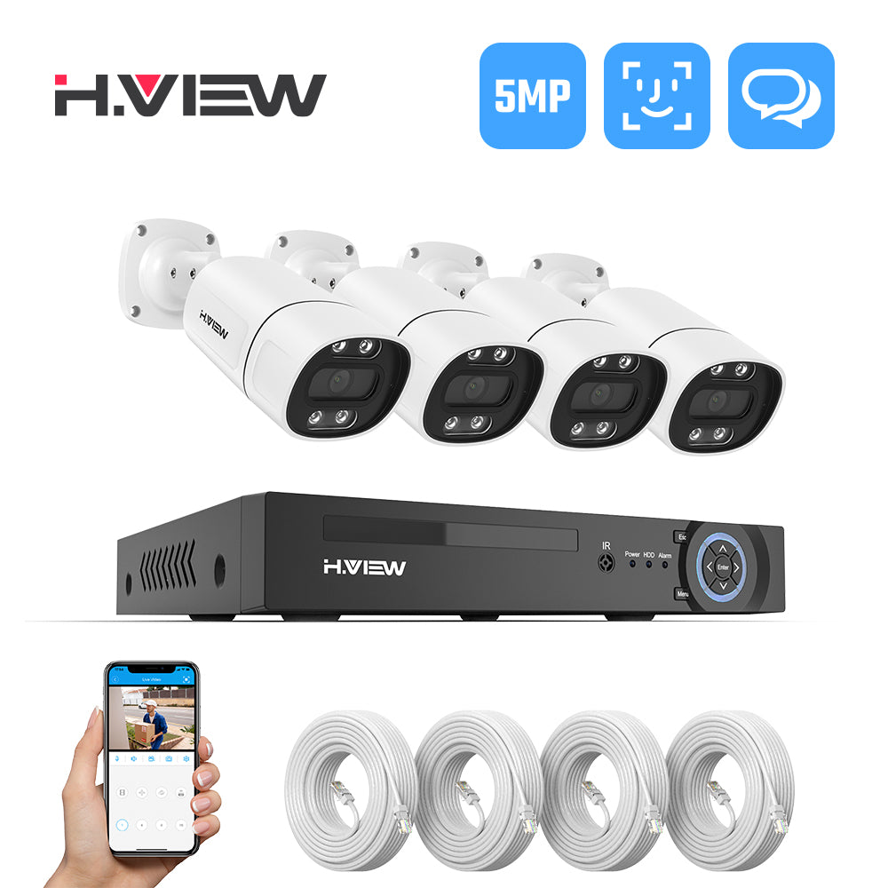 Hview 8CH NVR Security System,4 Camera Kit,5MP Wired CCTV,AI Human Detection,Color Night Vision,Two-Way Audio,Outdoor Security Camera,Home Surveillance (No HDD Included)