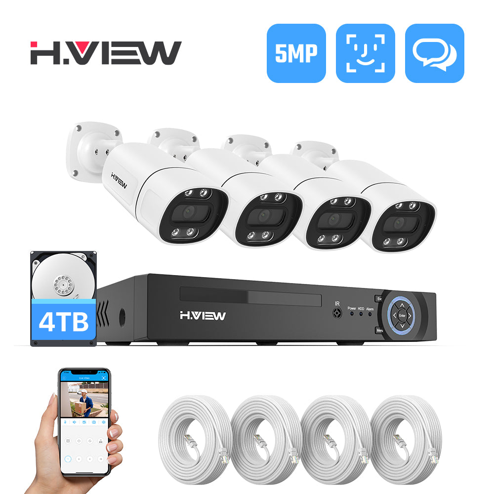 Hview 8CH NVR Security System,4 Camera Kit,5MP Wired CCTV,AI Human Detection,Color Night Vision,Two-Way Audio,Outdoor Security Camera,Home Surveillance (4TB HDD)