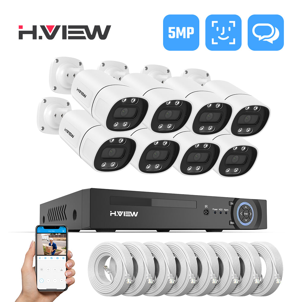Hview 8CH NVR Security System,8 Camera Kit,5MP Wired CCTV,AI Human Detection,Color Night Vision,Two-Way Audio,Outdoor Security Camera,Home Surveillance (No HDD Included)