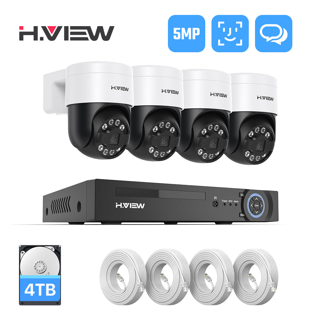 Hview 8CH NVR Security System, 4 Camera Kit, 5MP Wired CCTV Pan Tilt Camera, AI Human Detection, Color Night Vision, Two-Way Audio, Outdoor Security Camera, Home Surveillance (4TB HDD)