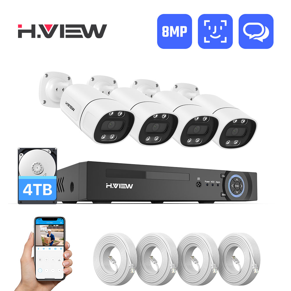 Hview 8CH NVR Security System,4 Camera Kit,8MP Wired CCTV,AI Human Detection,Color Night Vision,Two-Way Audio,Outdoor Security Camera,Home Surveillance (4TB HDD)