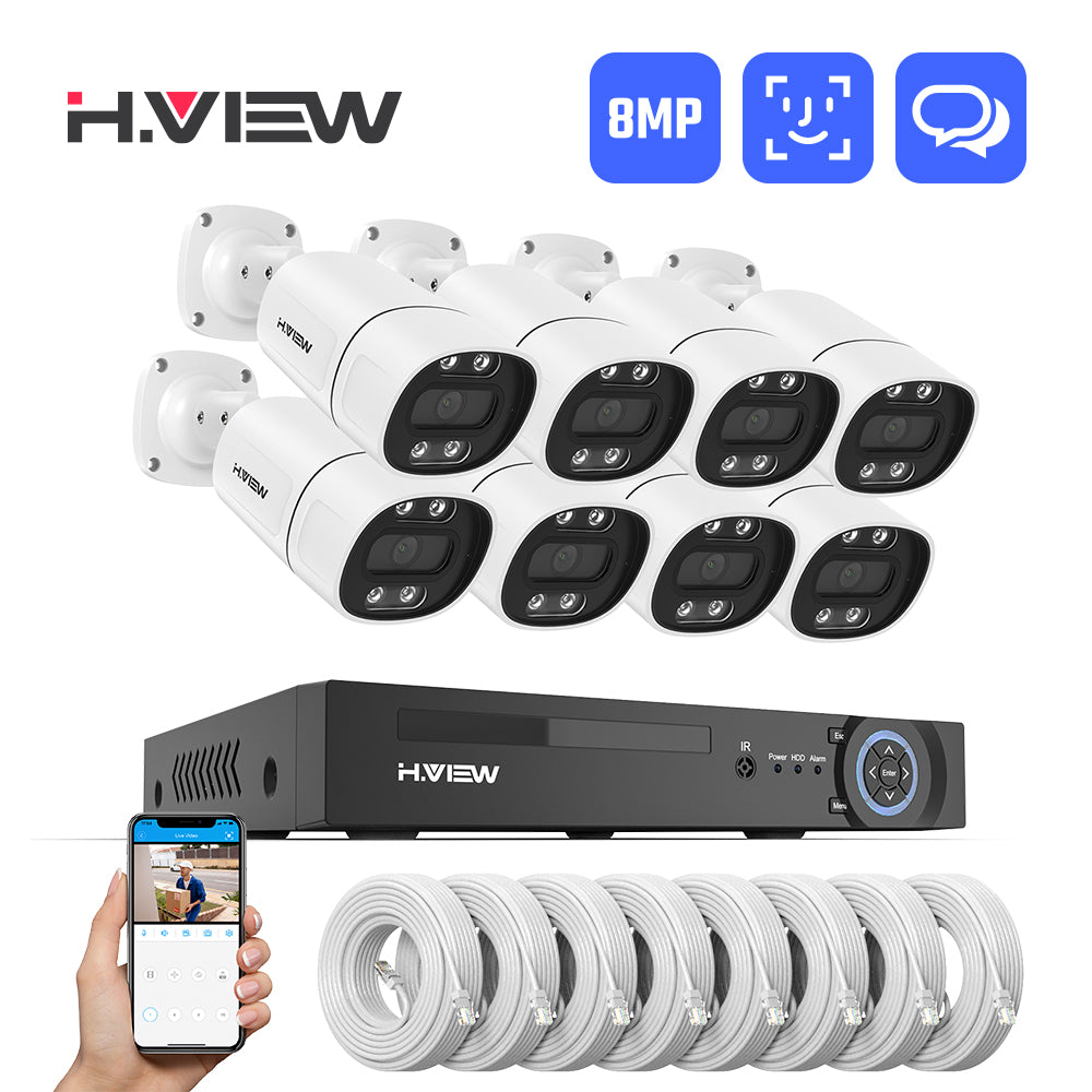 Hview 8CH NVR Security System,8 Camera Kit,8MP Wired CCTV,AI Human Detection,Color Night Vision,Two-Way Audio,Outdoor Security Camera,Home Surveillance (No HDD Included)