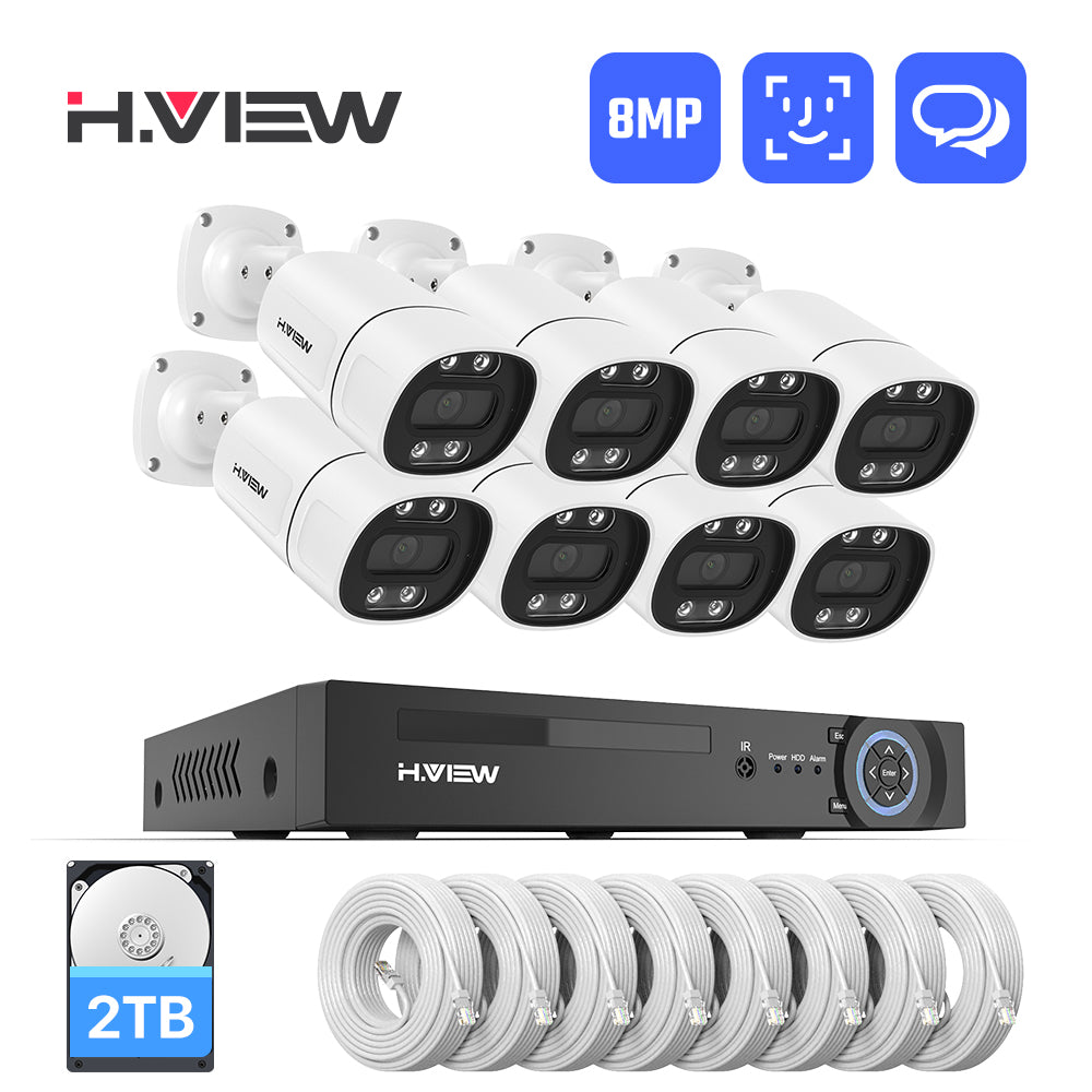 Hview 8CH NVR Security System,8 Camera Kit,8MP Wired CCTV,AI Human Detection,Color Night Vision,Two-Way Audio,Outdoor Security Camera,Home Surveillance (2TB HDD)