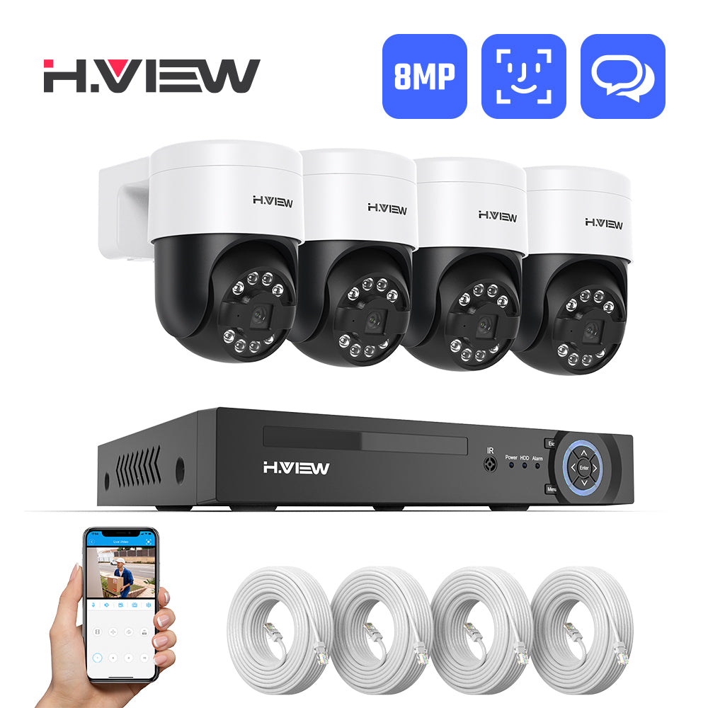 Hview 8CH NVR Security System, 4 Camera Kit, 8MP Wired CCTV Pan Tilt Camera, AI Human Detection, Color Night Vision, Two-Way Audio, Outdoor Security Camera, Home Surveillance (No HDD Included)