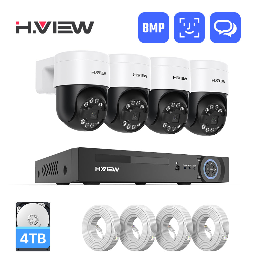 Hview 8CH NVR Security System, 4 Camera Kit, 8MP Wired CCTV Pan Tilt Camera, AI Human Detection, Color Night Vision, Two-Way Audio, Outdoor Security Camera, Home Surveillance (4TB HDD)