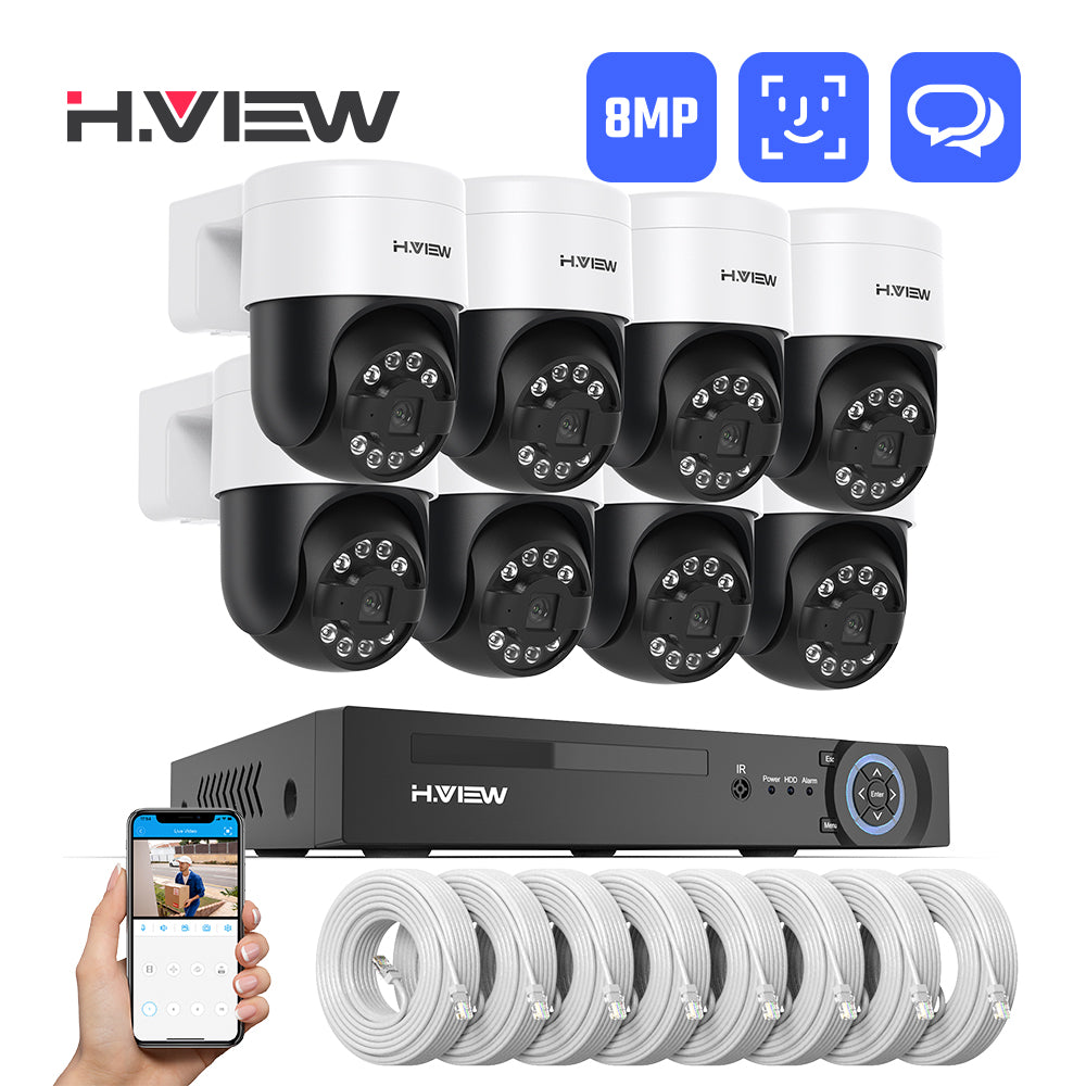 Hview 8CH NVR Security System, 8 Camera Kit, 8MP Wired CCTV Pan Tilt Camera, AI Human Detection, Color Night Vision, Two-Way Audio, Outdoor Security Camera, Home Surveillance (No HDD Included)