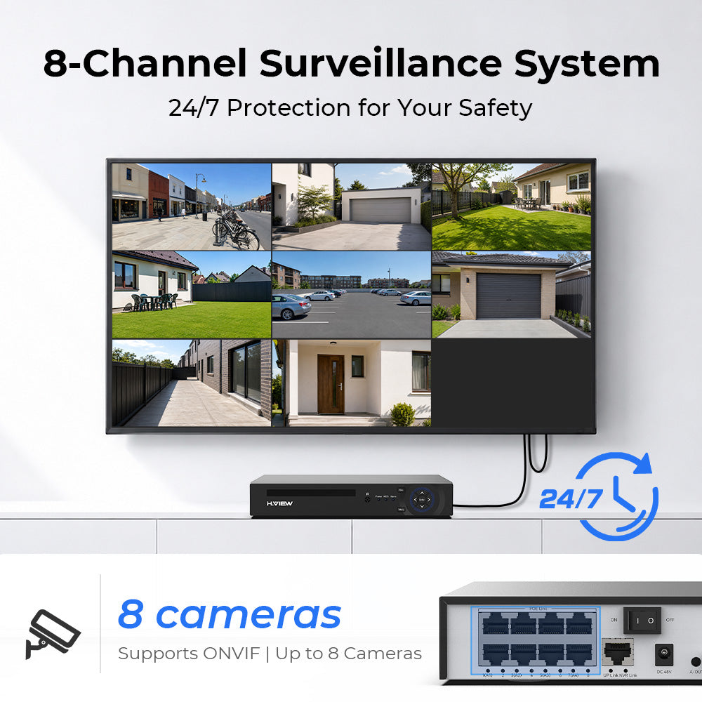 4K PoE NVR with 8-channel home security camera video recording; supports 8-megapixel, 5-megapixel, 4-megapixel, and 3-megapixel resolutions; 24/7 surveillance recording; H.265+ video encoding; remote access; smart playback (includes a 2TB hard drive)