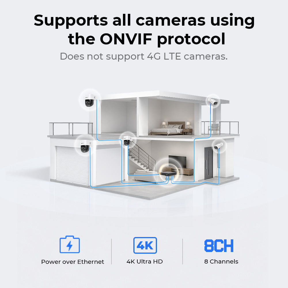 4K PoE NVR with 8-channel home security camera video recording; supports 8-megapixel, 5-megapixel, 4-megapixel, and 3-megapixel resolutions; 24/7 surveillance recording; H.265+ video encoding; remote access; smart playback (includes a 2TB hard drive)